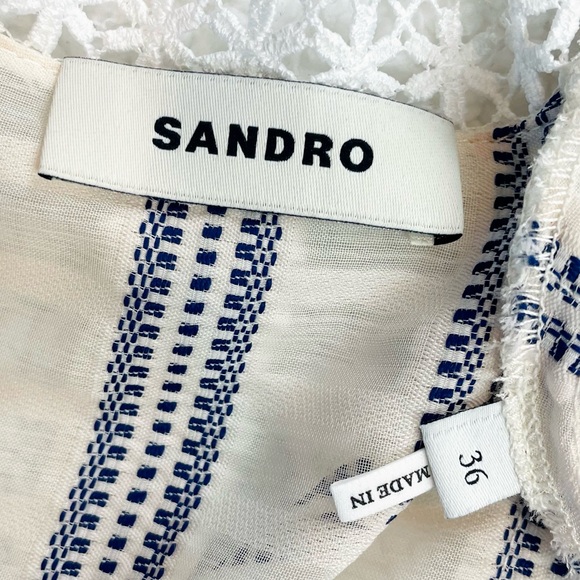 SANDRO • Ecru/White/Navy Stephanie Stripe Boho Lace-Trim Tiered Mini Dress, S - Picture 14 of 16
